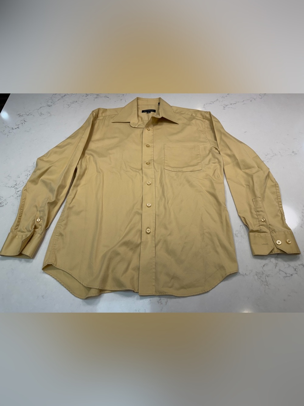 Men's Long-Sleeve Button Shirt. Gold in colour. Size 15 1/2